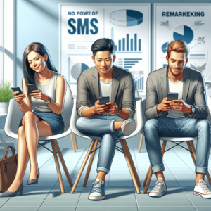 A Caucasian woman, an Asian man, and a Hispanic man sit in a bright, modern office, each focused on their smartphones. The office features contemporar