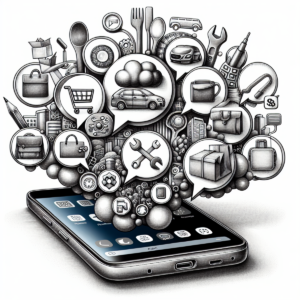 A detailed pencil drawing of a modern mobile phone with SMS icons popping out of the screen representing various commercial industries.