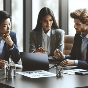 A modern office setting featuring a Caucasian woman, an Asian man, and a Hispanic woman engaged in a focused discussion around a desk. The desk is equ