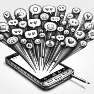 A pencil sketch of a smartphone with message bubbles containing symbolic icons.