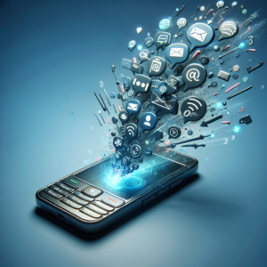 Alt text: A realistic illustration of a cellphone with speech bubbles and arrows representing SMS messages leaping out, symbolizing the personal and i