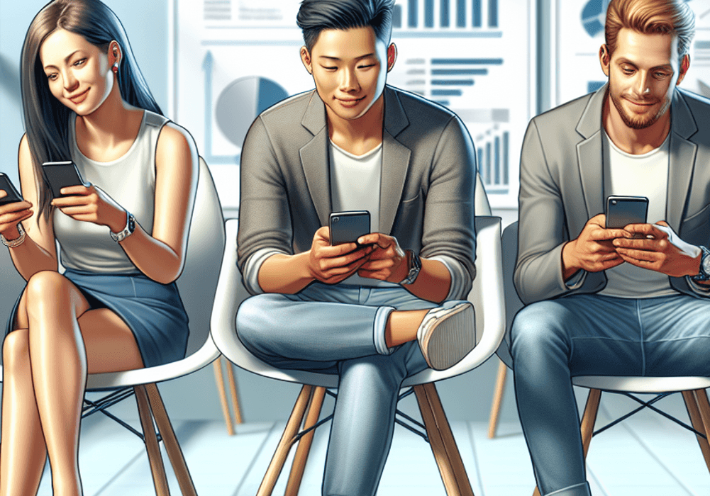 A Caucasian woman, an Asian man, and a Hispanic man sit in a bright, modern office, each focused on their smartphones. The office features contemporar