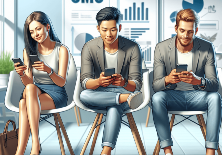 A Caucasian woman, an Asian man, and a Hispanic man sit in a bright, modern office, each focused on their smartphones. The office features contemporar