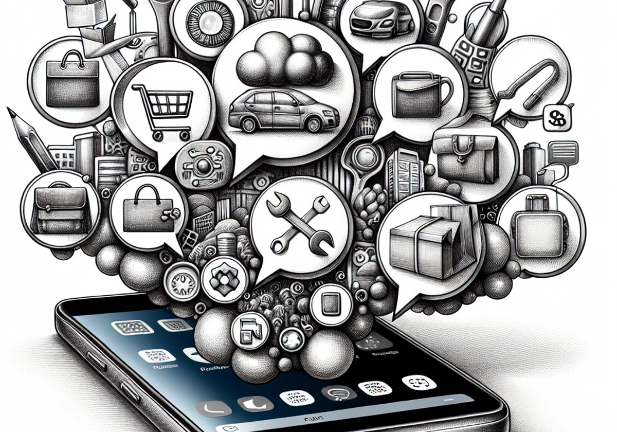 A detailed pencil drawing of a modern mobile phone with SMS icons popping out of the screen representing various commercial industries.