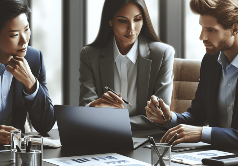 A modern office setting featuring a Caucasian woman, an Asian man, and a Hispanic woman engaged in a focused discussion around a desk. The desk is equ