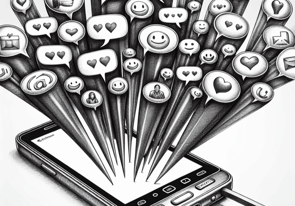 A pencil sketch of a smartphone with message bubbles containing symbolic icons. A pencil sketch of a smartphone with message bubbles containing symbolic icons.